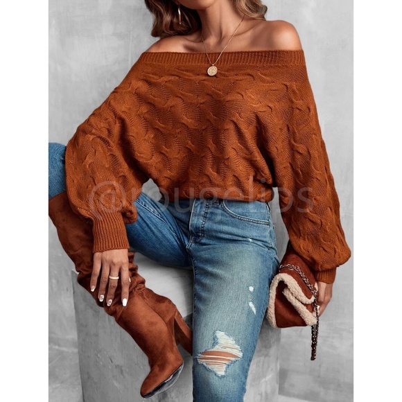Off Shoulder Batwing Sleeve Rusty Brown Knit Sweater - Picture 6 of 8